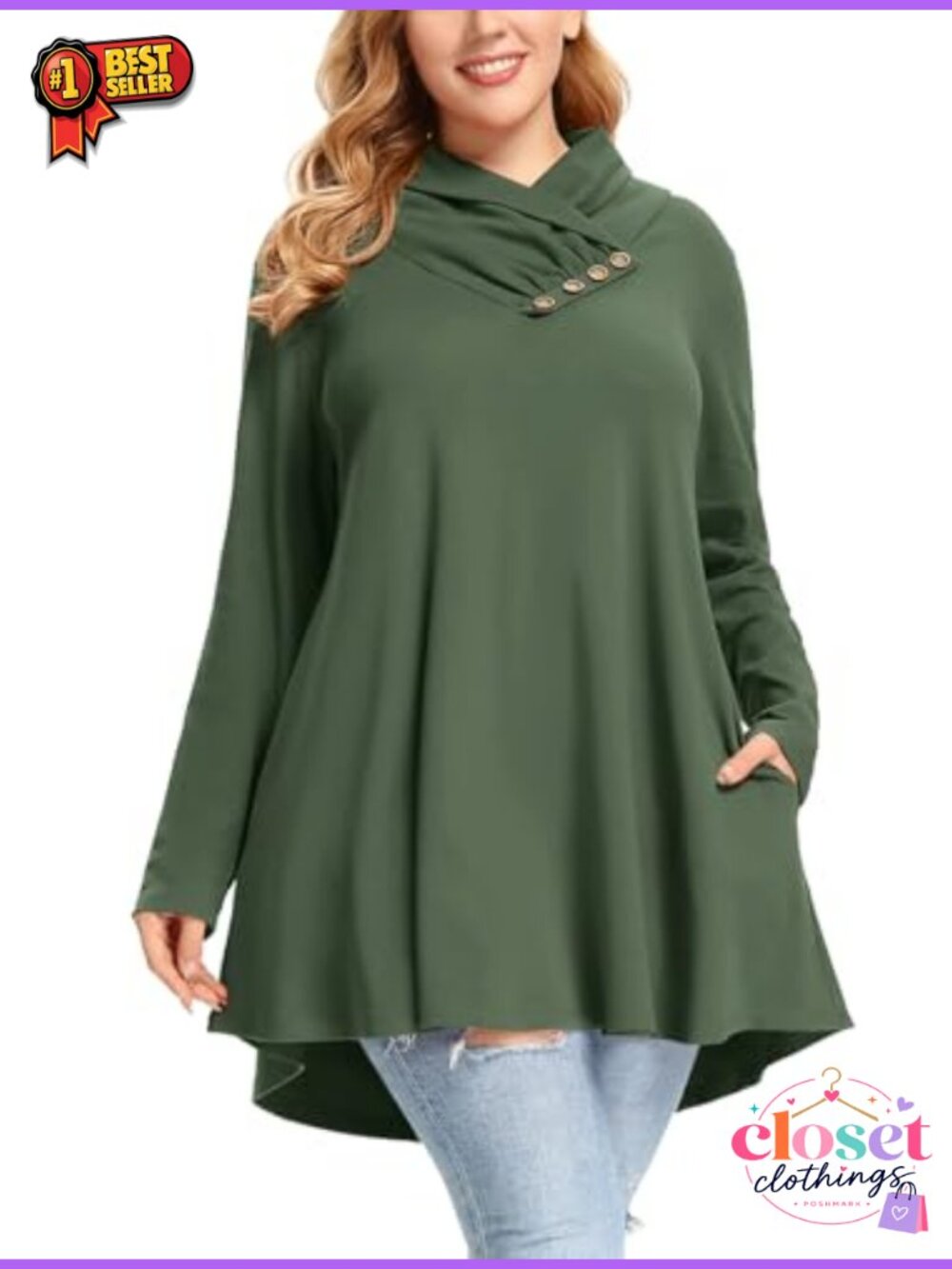 Plus Size Cowl Neck Tunic Sweatshirt with Pockets Cotton Spandex